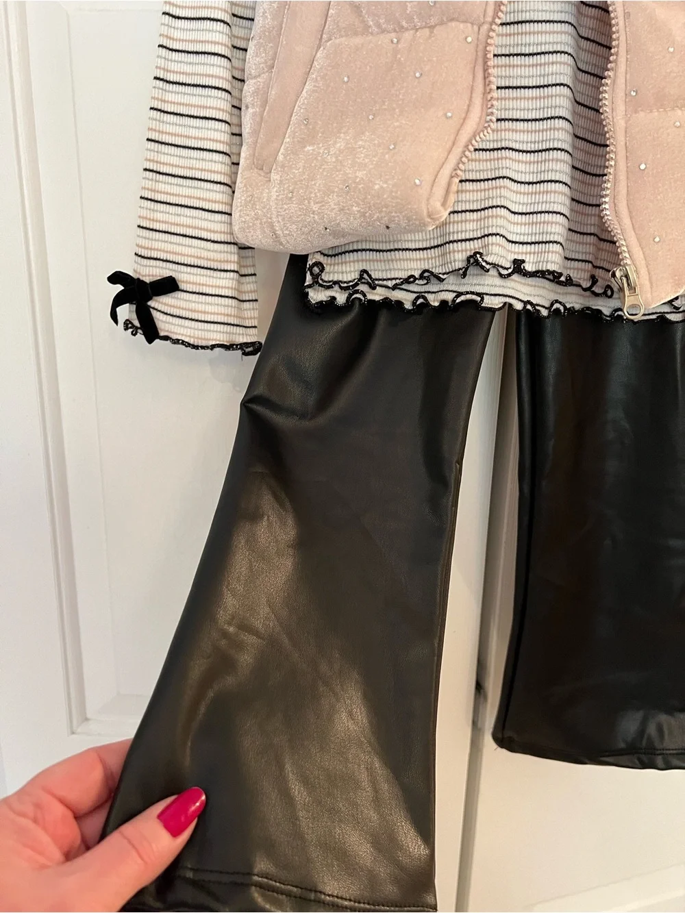Little Lass Girls Sz 6 Quilted Vest, Shirt and Faux Leather Pants - 3 Piece Set